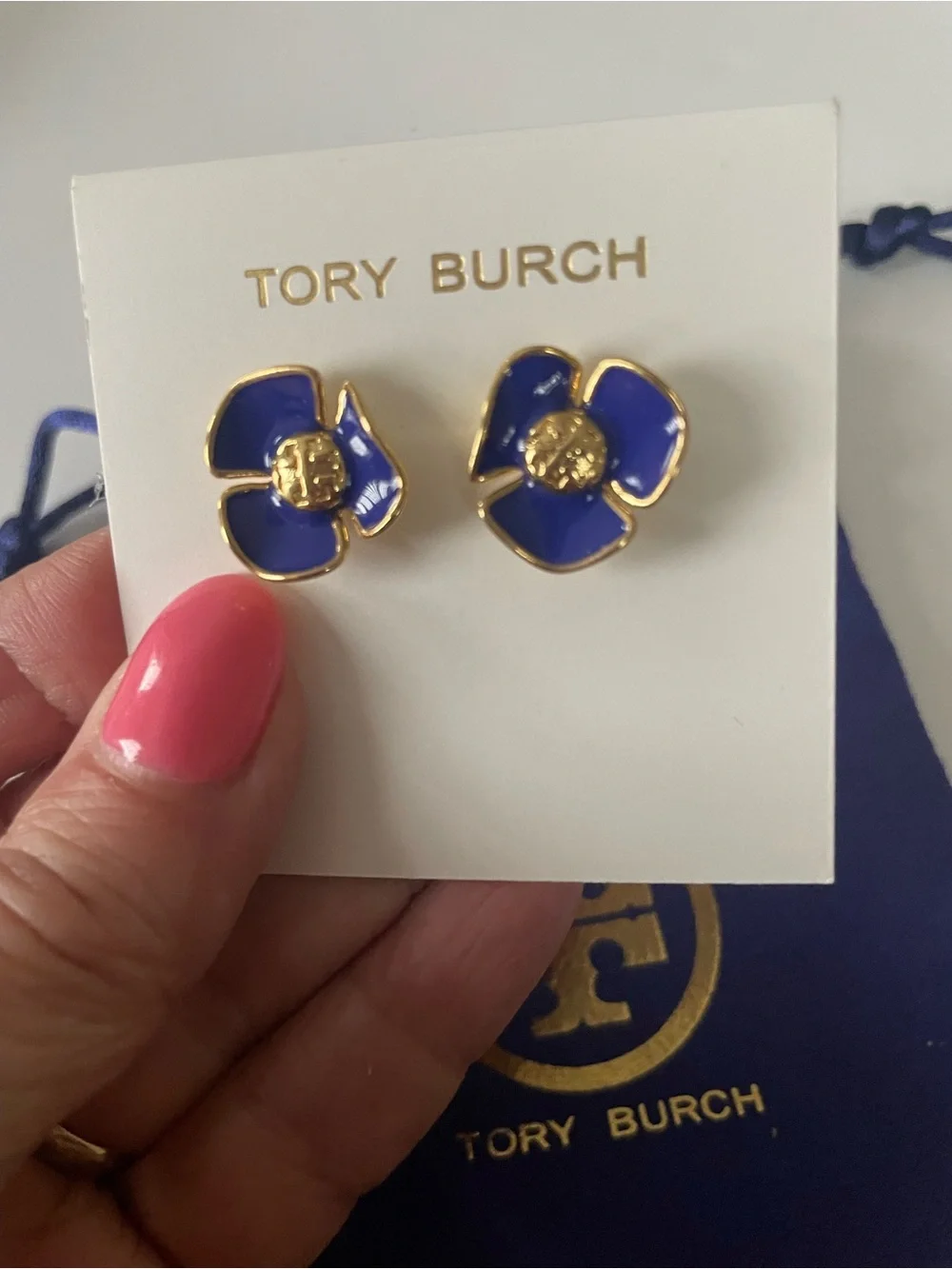 Tory Burch Royal Blue Enamel Flower Stud Earrings with Gold Trim